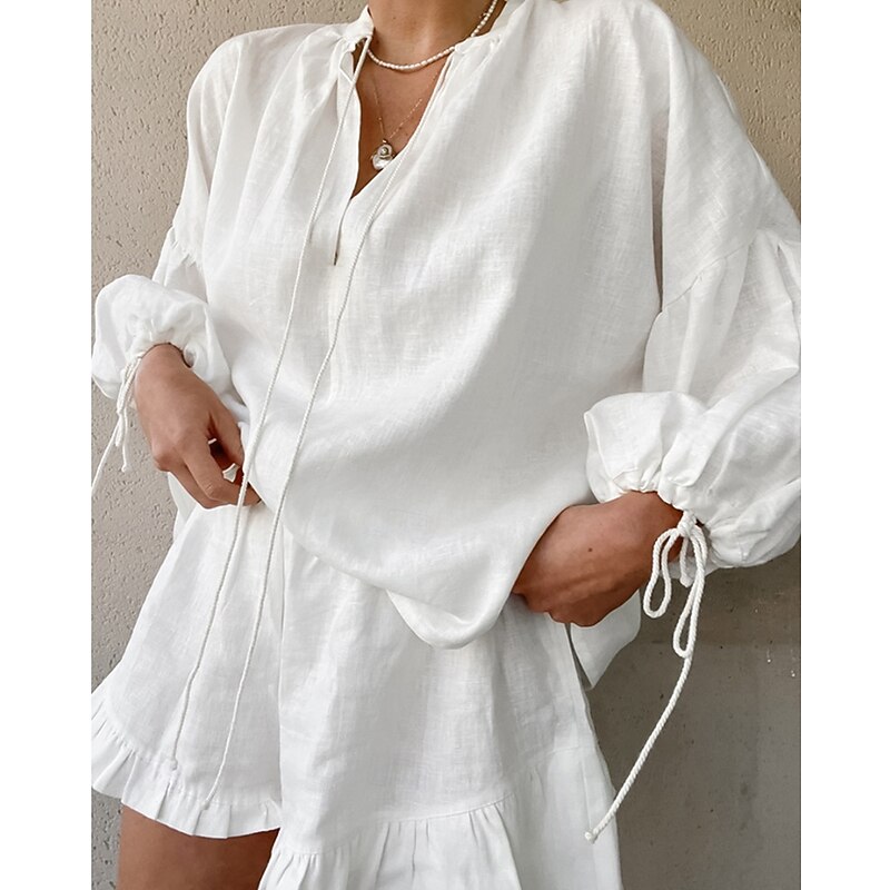 Women's Active Shirt Blouse Shorts Sets Long Sleeve V Neck Solid Color Ruched Outdoor Holiday White Pink Blue Summer Regular Fit