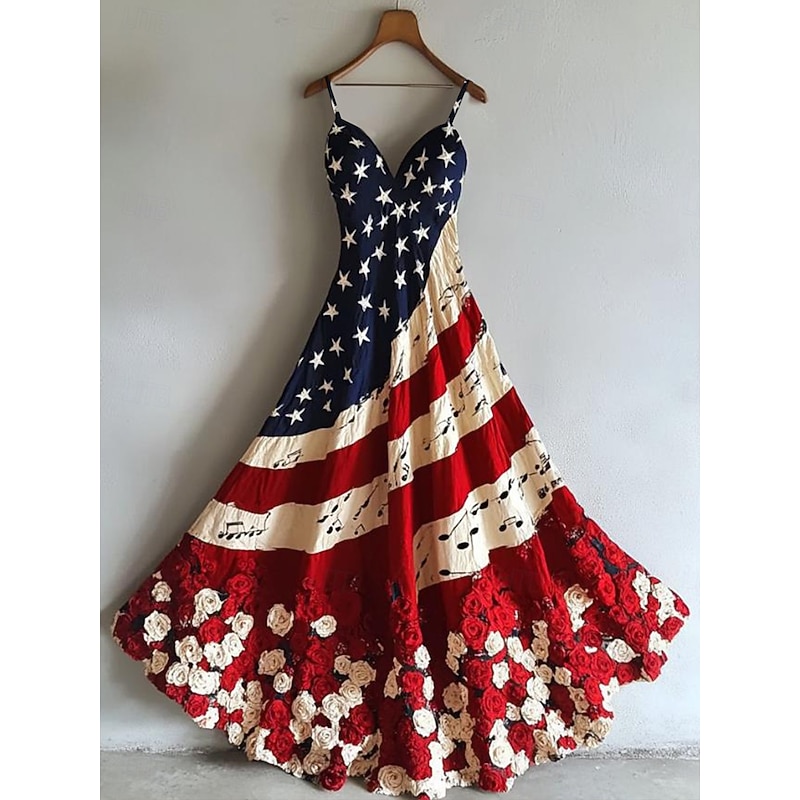 Women's Patriotic  Maxi Dress Sundress A Line Dress Slip Dress Vacation Casual Going out Beach Regular Fit Graphic National Flag Sleeveless V Neck Red Summer Spring