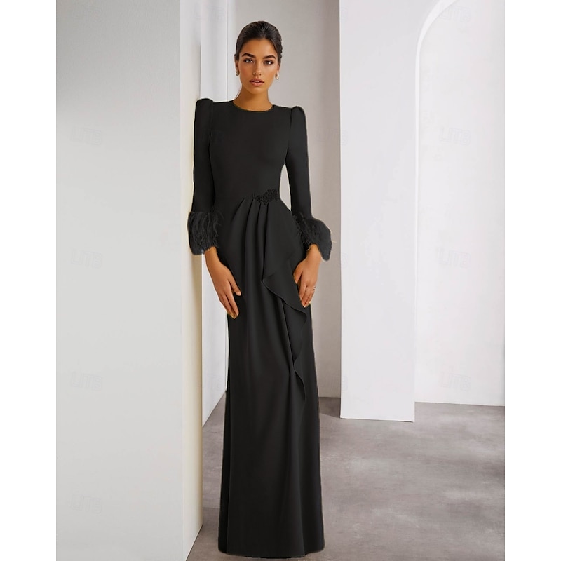 Feather Column Evening Gown Stretch Crepe Elegant Dress Formal Wedding Floor Length Long Sleeve Crew Neck Detachable
