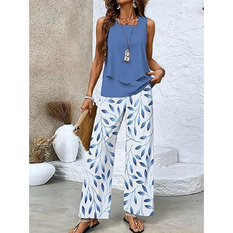 Women's 2 Pieces Fashion Streetwear Daily Camis Pants Sets Sleeveless Square Neck Floral Graphic Print Outdoor Casual Daily Black White Blue Summer Loose Fit3