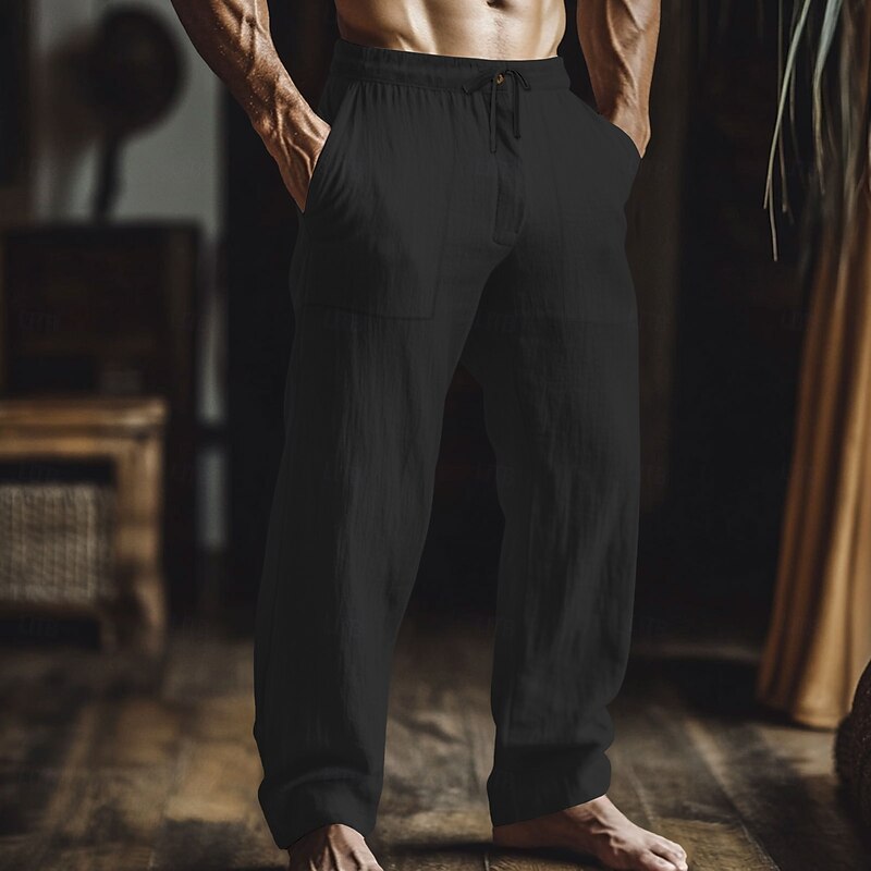Men's Linen Pants Trousers Summer Pants Baggy Pants Elastic Waist Straight Leg Plain Comfort Breathable Full Length Casual Daily Holiday Fashion Classic Style Loose Fit Black Light Green3
