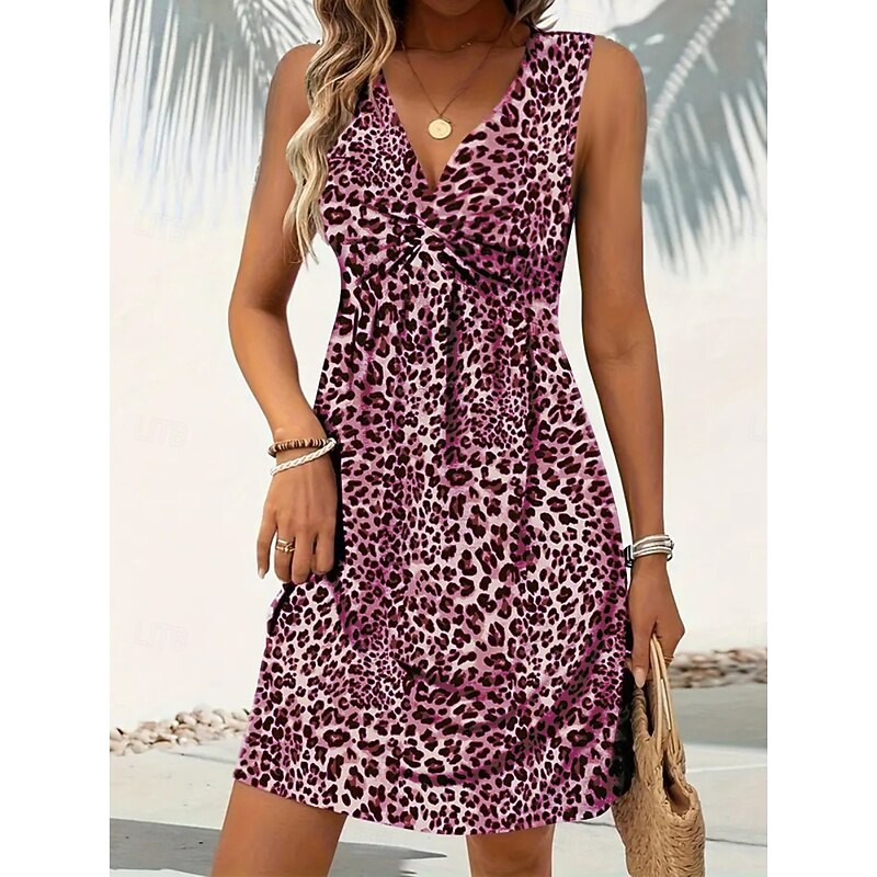 Women's Mini Dress A Line Dress Slip Dress Off The Shoulder Dress Casual Outdoor Going out Standard Fit Leopard Sleeveless V Neck Black Wine Blue Purple Summer4