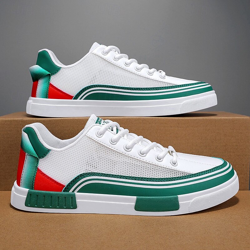 Men's Casual Shoes Walking Casual PU Leather Mesh Breathable Comfortable Slip Resistant Lace-up Black Green / White Summer Spring3