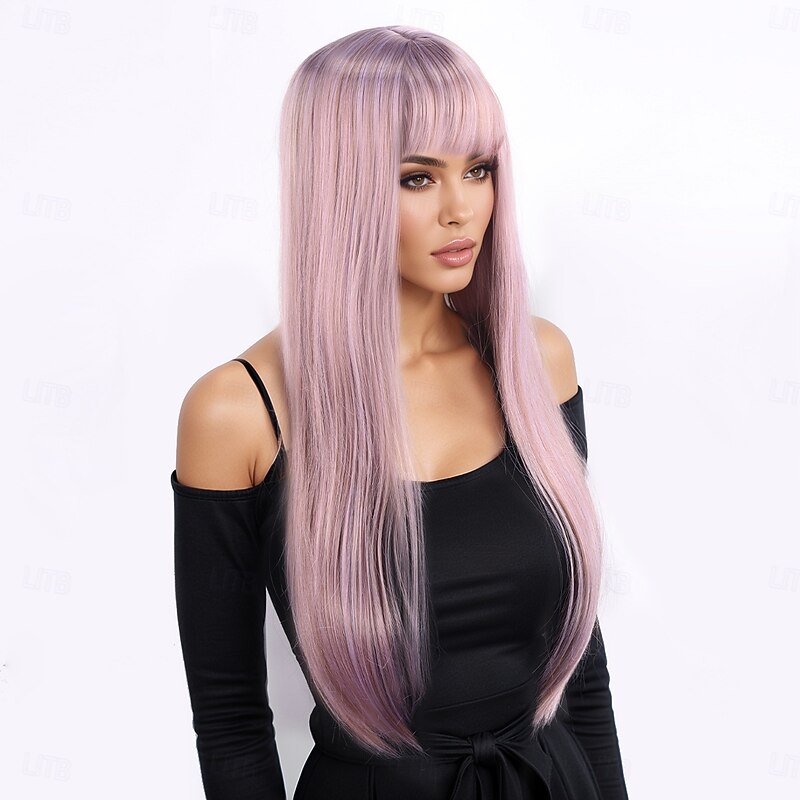 Synthetic Wig Wavy Deep Wave Neat Bang With Bangs Machine Made Wig 26 inch A1 Synthetic Hair Women's Classic Comfortable Color Gradient Pink4