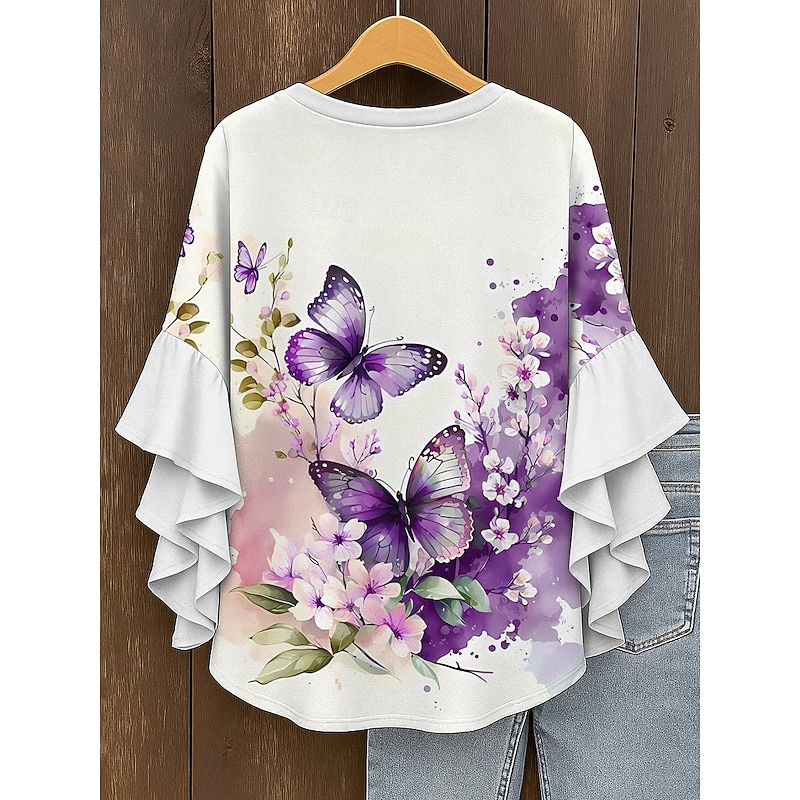 Women's Blouse V Neck Layered Ruffle Sleeve Tops Floral Graphic Butterfly Bohemia Vintage Tropical 3/4 Length Sleeve Regular Tops Daily Holiday Vacation Wear Print Yellow Red Blue Purple Green Summer2