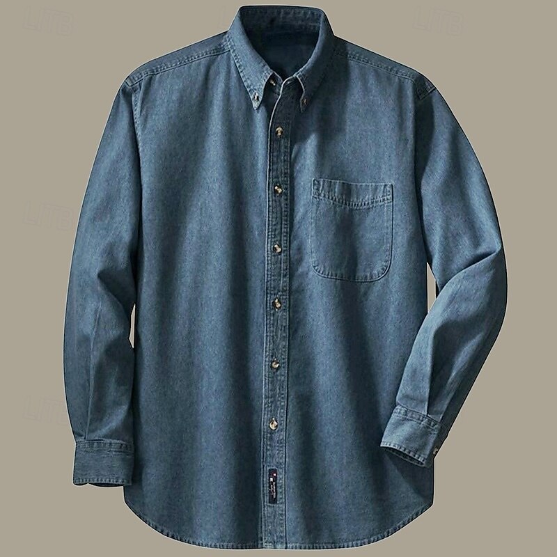 Men's Jeans Shirt Dark Blue Long Sleeve Plain Turndown Vacation Daily Front Pocket Clothing Apparel Denim Fashion Casual