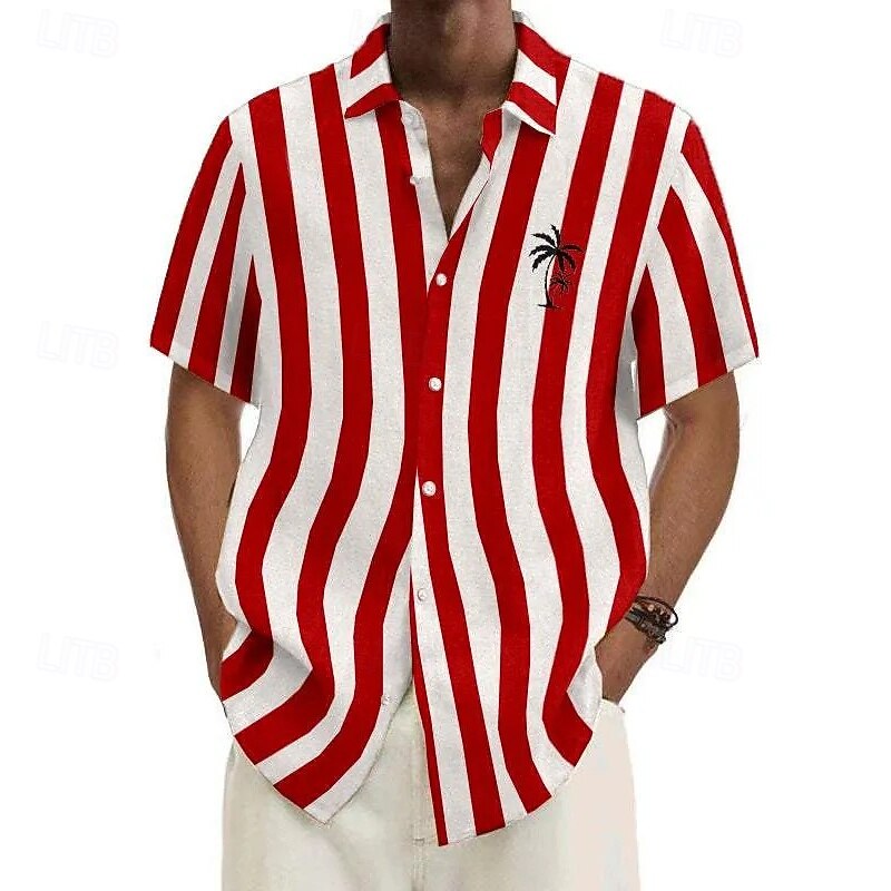Men's Shirt Summer Shirt Casual Shirt Beach Shirt Button Up Shirt Black Light Green Red Blue Dark Green Short Sleeve Coconut Tree Stripes Lapel Vacation Hawaiian Clothing Apparel Polyester Fashion4