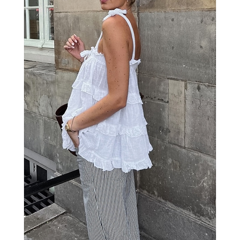 Women's Cotton Linen Shirts Blouse Plain Modern Casual Sleeveless Strap Regular Tops Daily Going out Cut Out White Summer