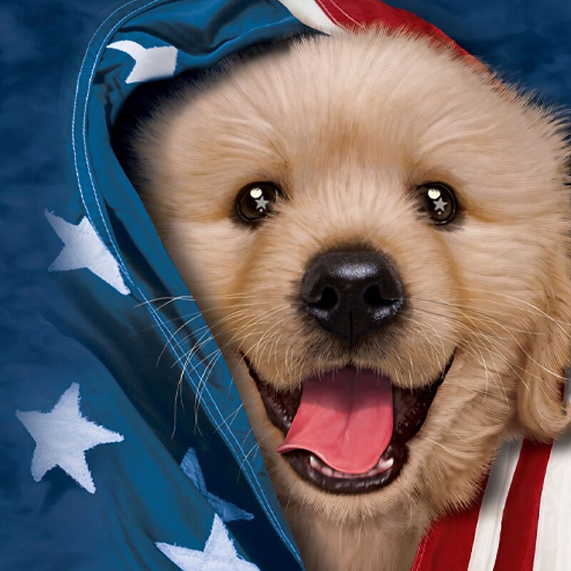 Patriotic Golden Retriever Puppy by VINCENT HIE Men's Independence Day US Flag Button Up Shirt Short Sleeve Designer Shirt Limited Artist Edition2