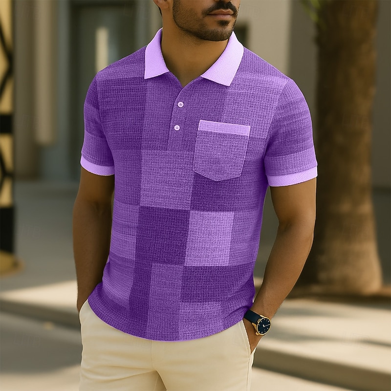 Men's Color Block Waffle Polo Shirts Short Sleeve Polo Shirts Collared Shirts Business Casual Business Athleisure Daily Wear Buttons Pocket 3D Print Summer Black Blue Purple4