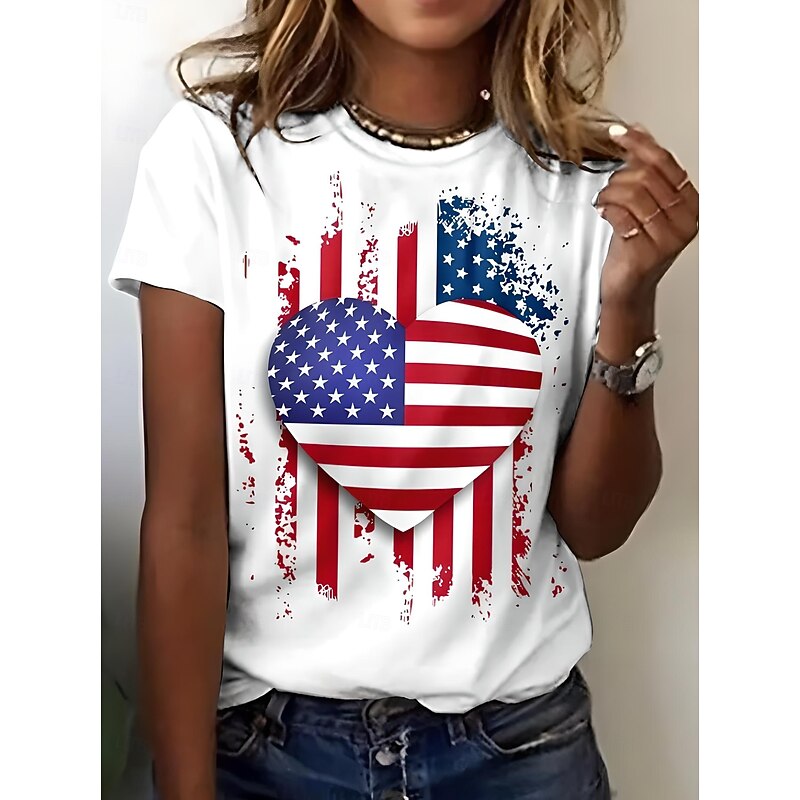 Women's Patriotic  T Shirt Graphic Flag American Flag Vintage Stylish Classic Short Sleeve Crew Neck Regular Tops Daily Weekend Print White Summer Spring