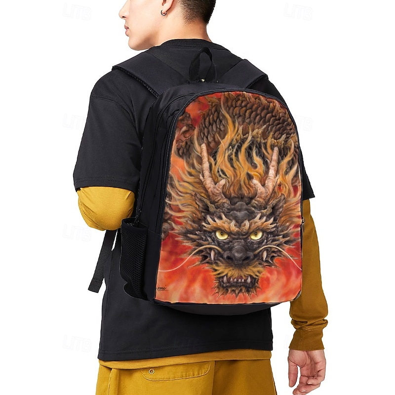 Men's 3-Piece Dragon Backpack Set with Flame Print - Durable School Bag, Insulated Lunch Bag and Pencil Bag for Teens Back to School and Fantasy Style Lovers Kayomi Harai2