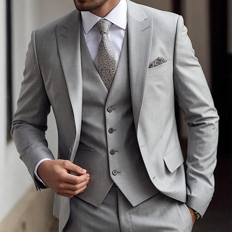 Men's Wedding Suits Peak Light Grey Daily Business Solid Colored Plus Size 3 Piece Single Breasted Two-buttons3