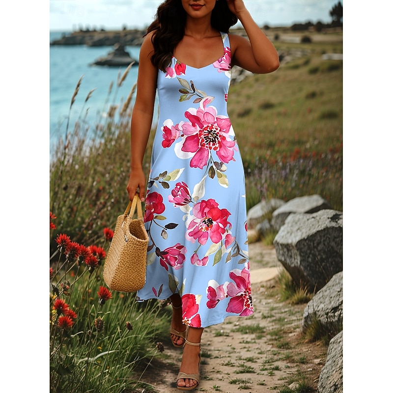 Women's Maxi Dress A Line Dress Off The Shoulder Dress Vacation Casual Beach Party Regular Fit Floral Graphic Sleeveless Square Neck Black White Blue Green Summer Spring