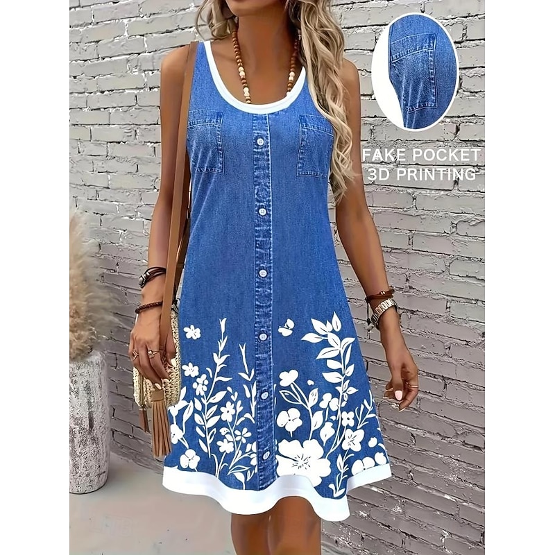 Women's Mini Dress Sundress A Line Dress Summer Dress Vacation Casual Daily Regular Fit Floral Graphic Sleeveless U Neck Blue Summer