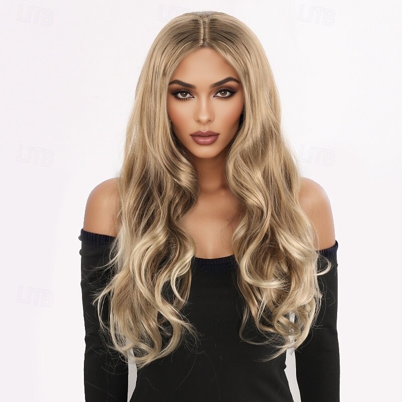 Synthetic Wig Wavy Deep Wave Layered Haircut With Bangs Machine Made Wig 26 inch A1 Synthetic Hair Women's Classic Comfortable Color Gradient Blonde3