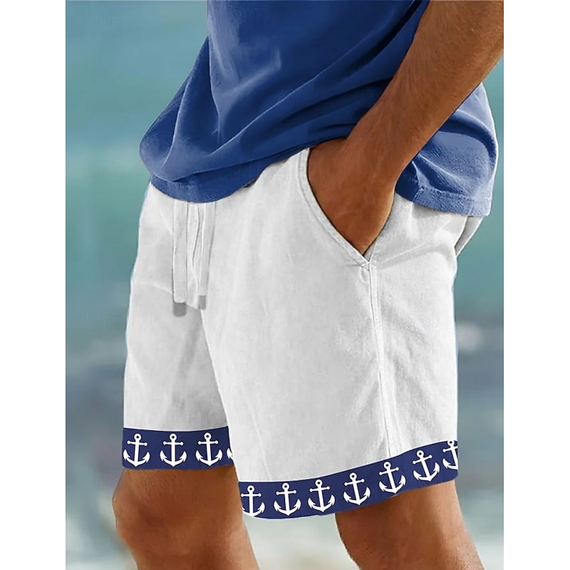 Men's Shorts Linen Shorts Summer Shorts Beach Shorts Drawstring Elastic Waist Anchor Comfort Breathable Knee Length Outdoor Daily Beach Vacation Fashion Black White