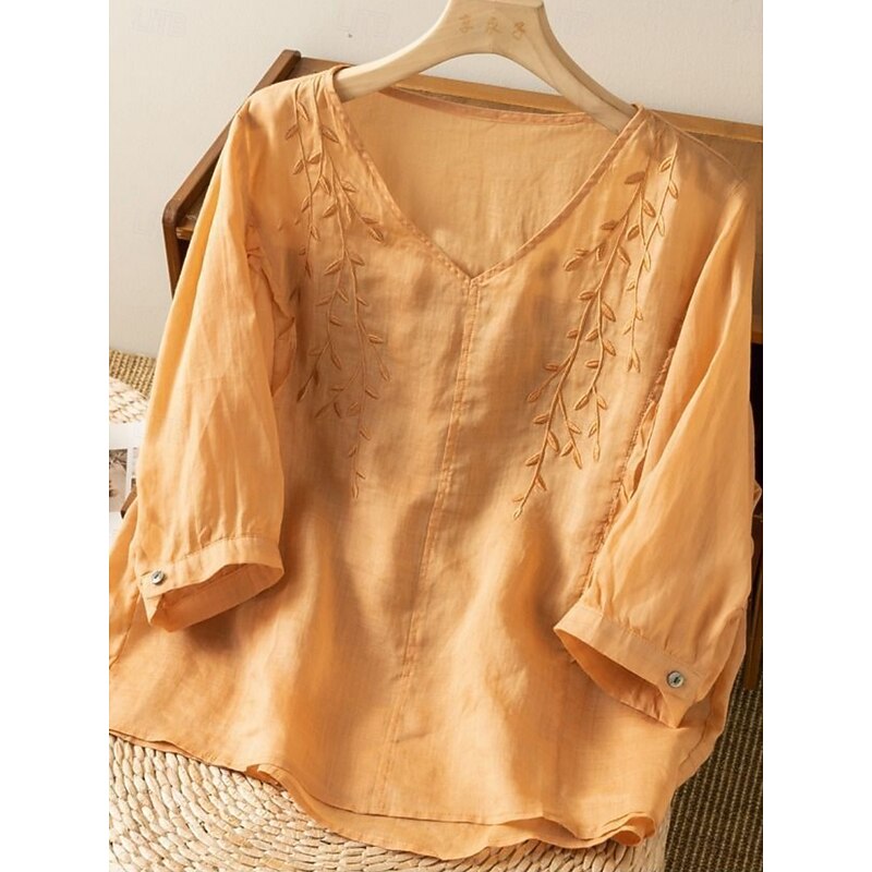 Women's Cotton Linen Shirt Floral Basic Ethnic Casual 3/4 Length Sleeve V Neck Regular Tops Daily Embroidered Yellow Navy Blue Purple Orange Apricot Summer