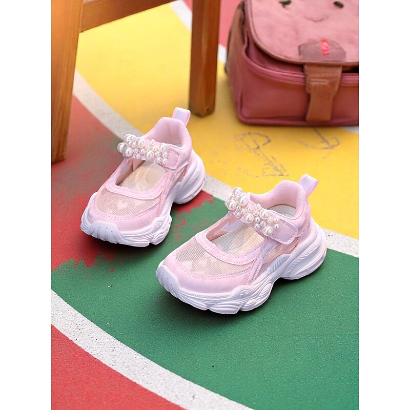 Girls' Pink Mesh Mary Jane Sneakers with Pearl Strap – Breathable Lightweight Back to School Sport Sandals for Playground and Daily Wear4