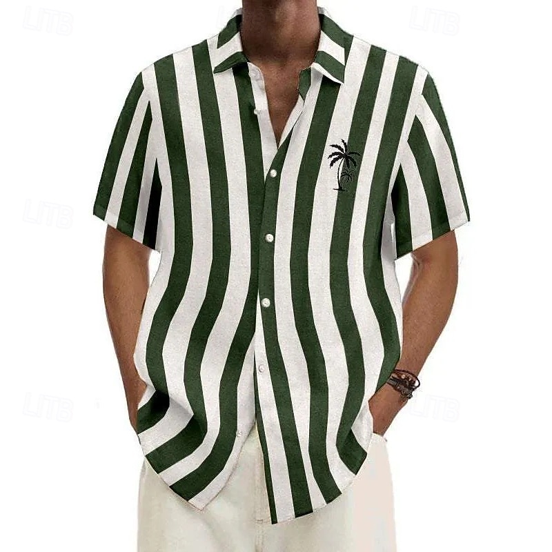 Men's Shirt Summer Shirt Casual Shirt Beach Shirt Button Up Shirt Black Light Green Red Blue Dark Green Short Sleeve Coconut Tree Stripes Lapel Vacation Hawaiian Clothing Apparel Polyester Fashion3
