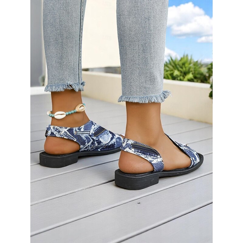 Women's Blue Abstract Denim Print Peep-Toe Sandals – Artistic Slingback Sandals for Summer Vacations, Resort & Casual Outfits3