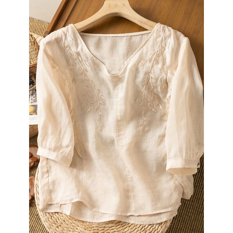 Women's Cotton Linen Shirt Floral Basic Ethnic Casual 3/4 Length Sleeve V Neck Regular Tops Daily Embroidered Yellow Navy Blue Purple Orange Apricot Summer3