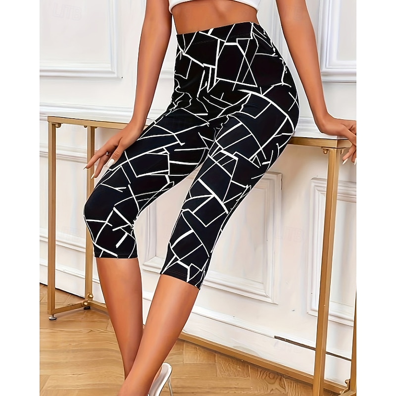 Women's Capri Pants Leggings Cozy Leggings Streetwear Casual Calf-Length Natural Geometic Print Comfy Outdoor Comfortable Outdoor Casual Daily Black Summer Regular Fit
