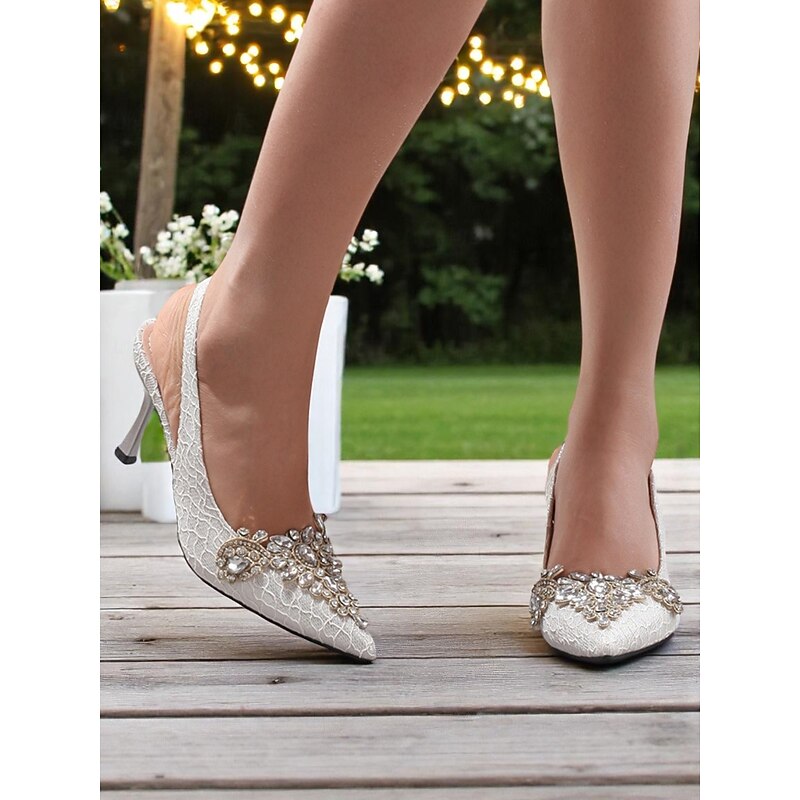 Women's White Lace Slingback Kitten Heels with Rhinestone Embellishments - Vintage-Inspired Cocktail Party Shoes for Bridesmaids, Garden Receptions and Outdoor Celebrations3
