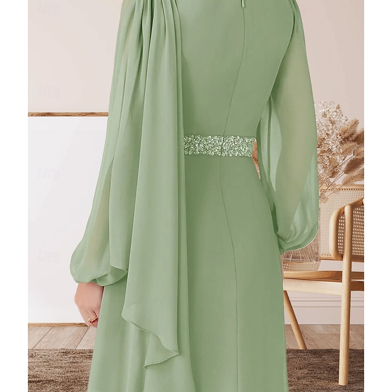 A-Line Mother of the Bride Dress Wedding Guest Elegant Crew Neck Floor Length Chiffon Long Sleeve with Beading Ruching4