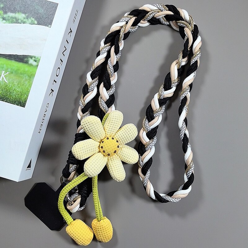 Cute Braided Phone Lanyard Strap with Plush Flower Charm – Soft Neck Rope for Phone Case4