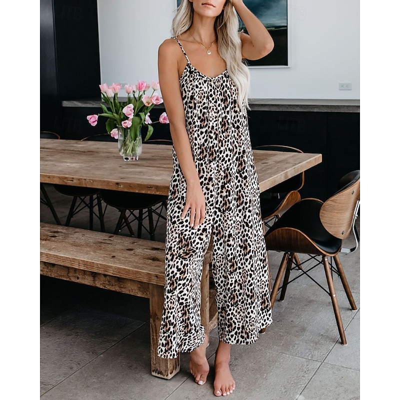 Women's Normal Jumpsuit Streetwear Leopard Sleeveless V Neck Pocket Print Street Daily Regular Fit Red Khaki Summer3