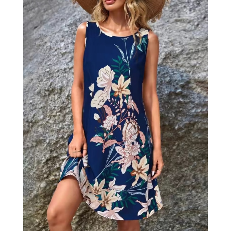 Women's Mini Dress Floral Dress Boho Dress Classic Modern Vacation Daily Holiday Regular Fit Flower Sleeveless Crew Neck Black Blue Green Dark Blue Summer4