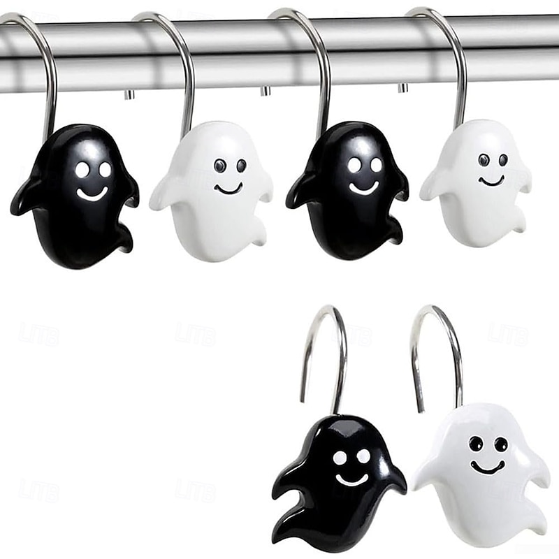 Halloween Shower Curtain Hooks for Halloween Bathroom Decor Rustproof Stainless Steel Shower Curtain Rings Hangers Set of 12, Skulls Ghosts Bathroom Accessories Set