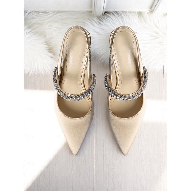 Women's Champagne Satin Slingback Heels with Rhinestone - Elegant Pointed Toe Stilettos for Cocktail Parties and Formal Occasions4