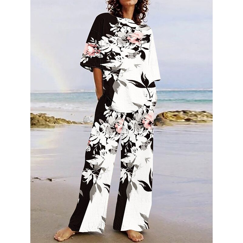 Women's Active Vacation Pants Sets Half Sleeve Crew Neck Ombre Floral Print Casual Daily Black White Summer Regular Fit2