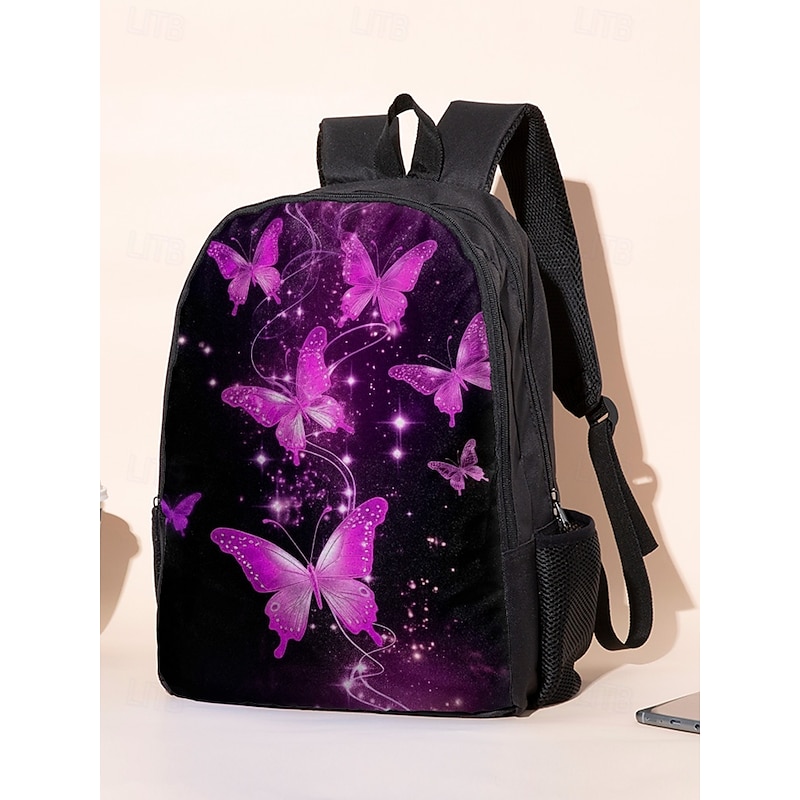 Girls Butterfly Print School Backpack 3-Piece Set with Insulated Lunch Bag and Pencil Case - Lightweight and Stylish for Elementary and Middle School, Travel or Picnics3