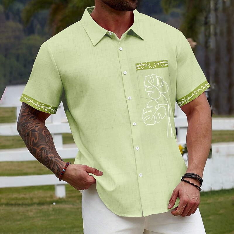 Men's Palm Leaf Tropical Plants Shirt Summer Hawaiian Shirt Aloha Shirt Short Sleeve Hawaiian Vacation Holiday Streetwear Summer Turndown 3D Print Front One Pocket Linen Like Shirt Pink Blue Green
