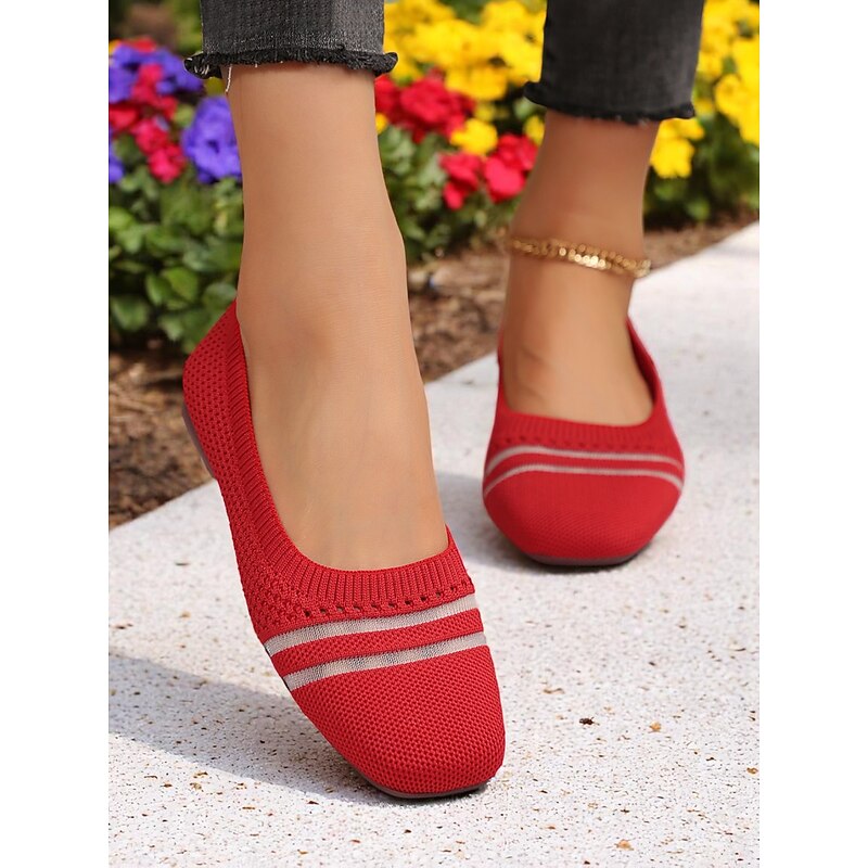 Women's Red Breathable Flyknit Ballet Flats with Striped Design – Lightweight Casual Shoes for Daily Wear, Travel or Garden Walks2