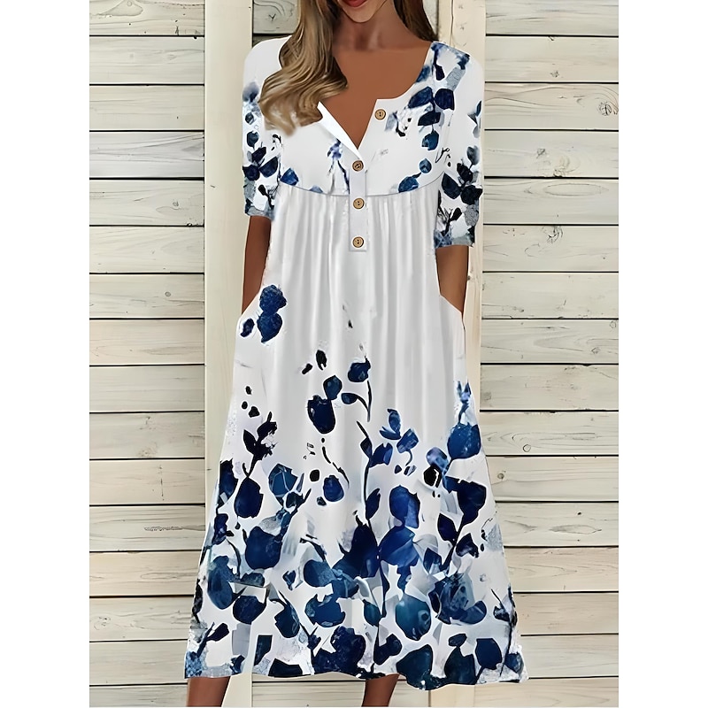 Women's Midi Dress Summer Dress Pleated Dress Vacation Casual Beach Holiday Regular Fit Floral Graphic Short Sleeve Crew Neck White Blue Light Blue Summer2