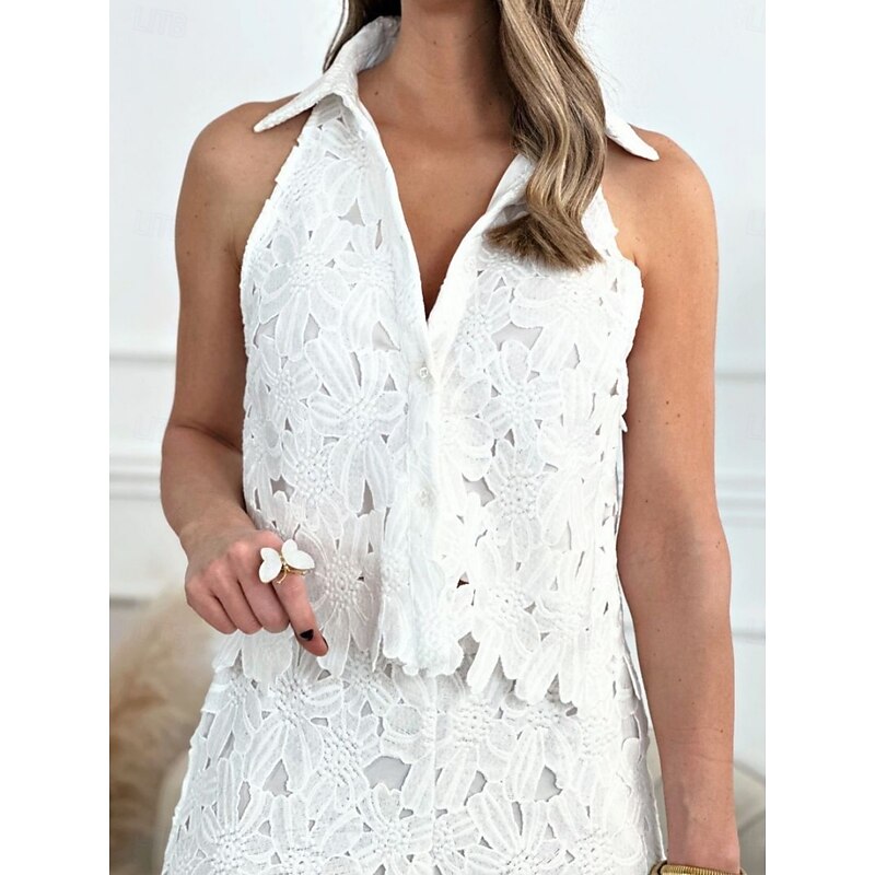 Women's 2 Pieces Fashion Streetwear Daily Camis Pants Sets Sleeveless Shirt Collar Solid Color Patchwork Casual Daily White Yellow Blue Summer Regular Fit2