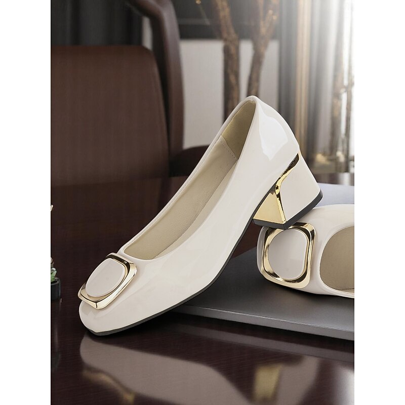 Women's Patent Leather Block Heels with Gold Buckle Accent – Retro Square-Toe Pumps for Office, Business Meetings and Formal Events3