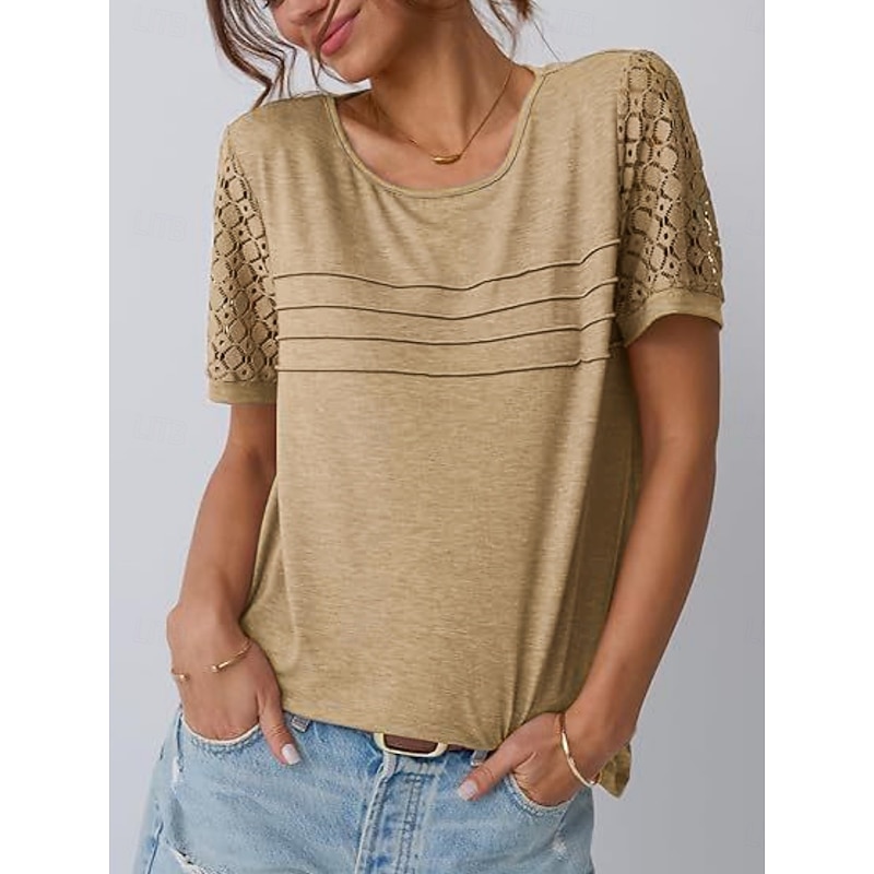 Women's T Shirt Plain Fashion Stylish Classic Short Sleeve Crew Neck Regular Tops Daily Weekend Lace Patchwork Black Pink Wine Khaki Summer2