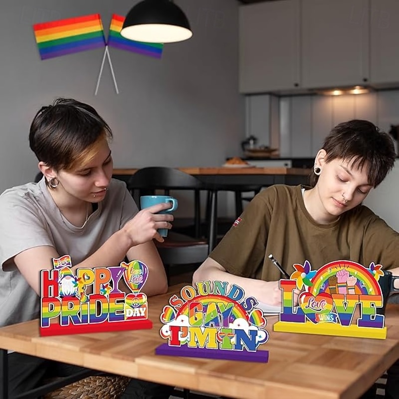 4 Pieces Pride Decorative Wooden Table Centerpieces, Love Is Love Table Decorations for Pride Month, Rainbow Theme LGBTQ Party Supplies, Perfect for Pride Celebration and Party Decor3