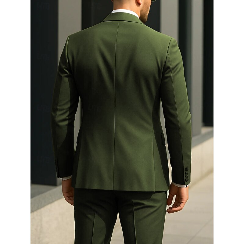 Men's Wedding Party Suits Peaked Lapel Grape Army Green Formal Solid Colored Standard Fit 2 Piece Double Breasted Six-buttons3