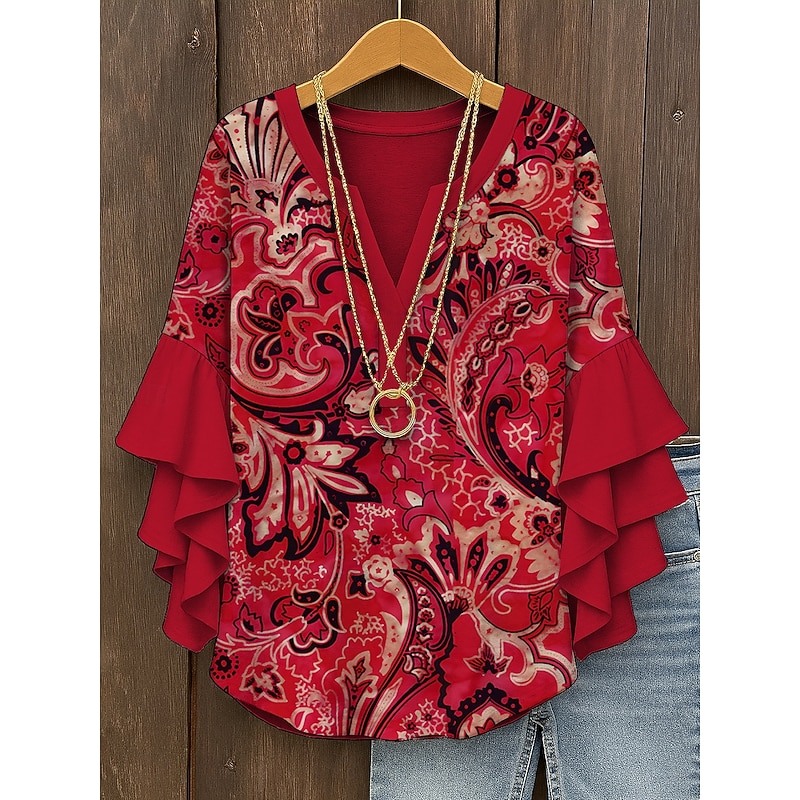 Women's Blouse V Neck Graphic Paisley Elegant Bohemia Ethnic 3/4 Length Sleeve Regular Tops Daily Holiday Vacation Wear Ruffle Print Yellow Red Blue Purple Green Summer Spring Fall
