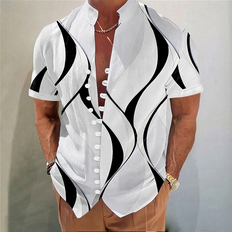 Men's Geometric Lines / Waves Shirt Button Up Shirt Stand Collar Shirt Short Sleeve Fashion Casual Vacation Daily Summer Spring Mandarin Collar 3D Print Linen Like Shirt White Pink Blue Green Khaki