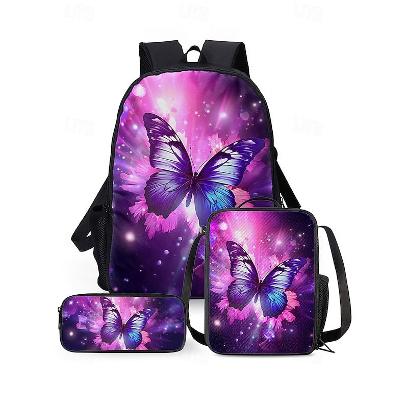 Girls Butterfly Print School Backpack 3-Piece Set with Insulated Lunch Bag and Pencil Case - Lightweight and Stylish for Elementary and Middle School, Travel or Picnics
