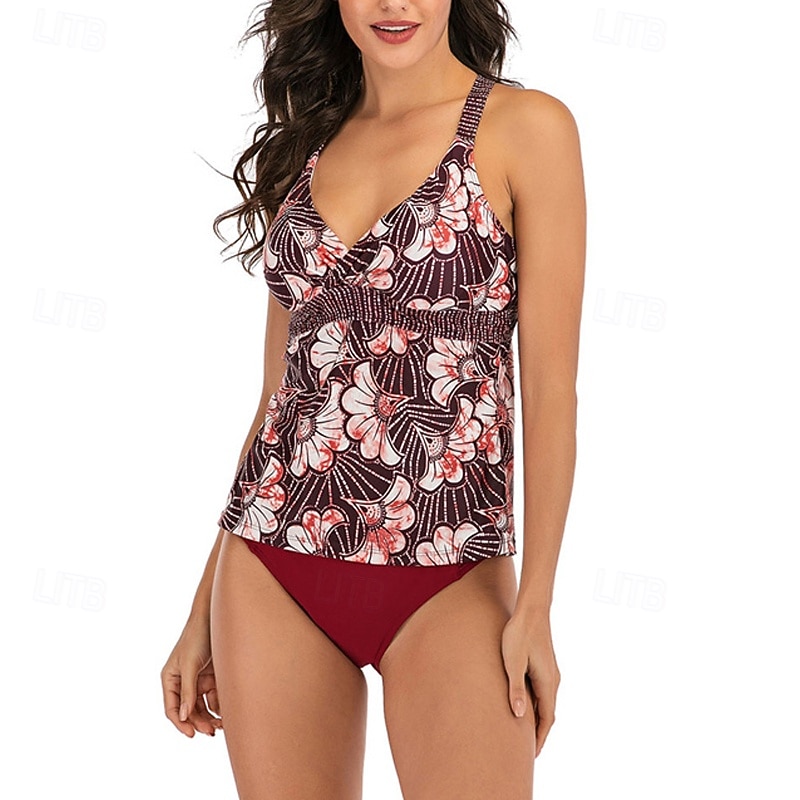 Women's Tankini Two Piece Swimsuit Open Back Swimwear Floral Swimwear Wine Breathable Quick Dry Sleeveless - Swimming Surfing Snorkeling Summer