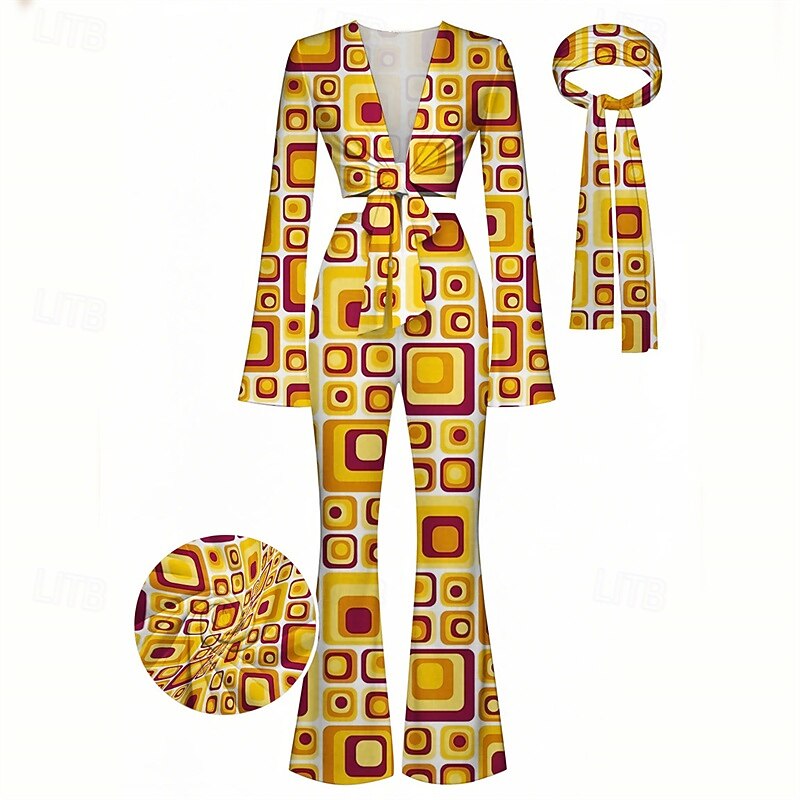 Retro Vintage 1970s Groovy Tie Front Flared Pants Set Hippie Disco Geometic Psychedelic Fancy Dress Women's Halloween Carnival Vacation Music Festival Festival Adults' Top Pants Headband2