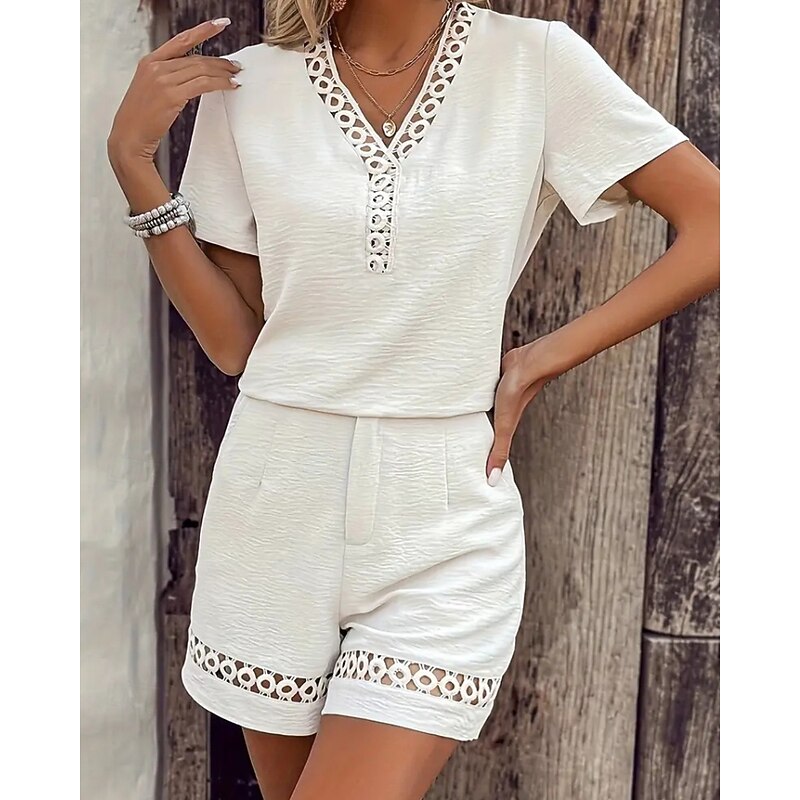Women's Active Cotton Linen Sets Blouse Shorts Sets Short Sleeve V Neck Solid Color Hole Daily Holiday Black Yellow Pink Summer Regular Fit4
